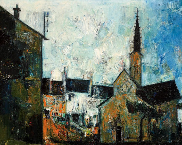 Sayed Haider Raza, “Temple Protestant,” 1957, oil on canvas, 25.5" x 31.75"