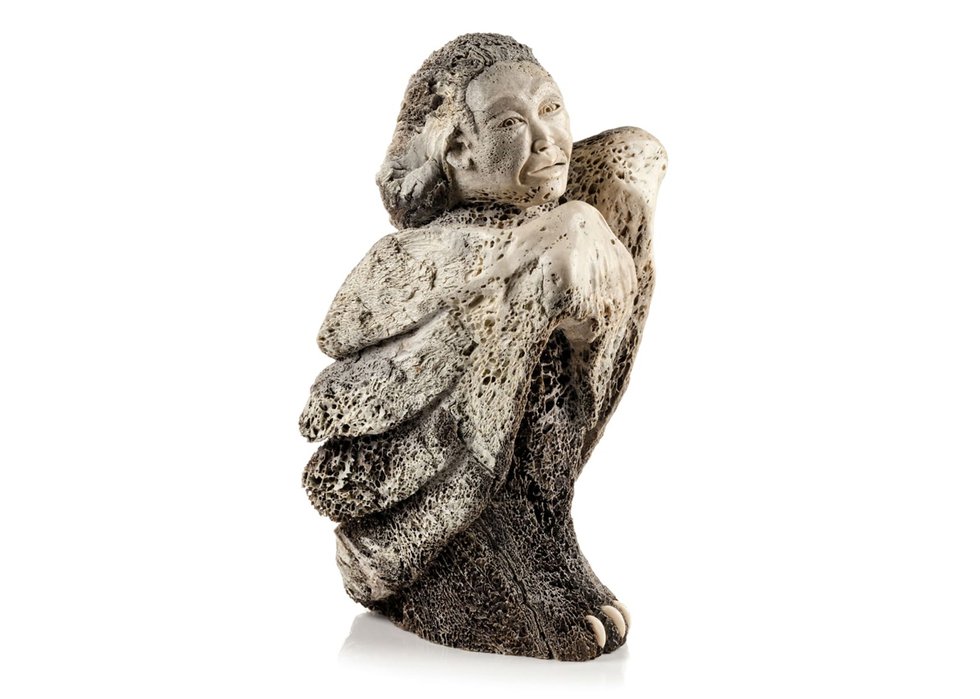 Manasie Akpaliapak, “Bird Shaman,” 1990, whalebone and ivory, 18.75" x 6.75" x 12.5" (sold by First Arts for $29,800)