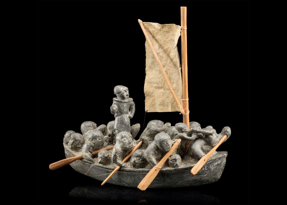 Joe Talirunili, “Migration Boat,” 1972-1974, stone, hide, wood and cotton thread, 14" x 14" x 7.75"