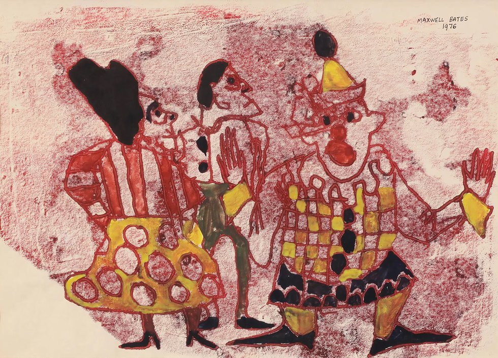 Maxwell Bates, “Clowns,” 1976, mixed media on paper, 11.5" x 16"