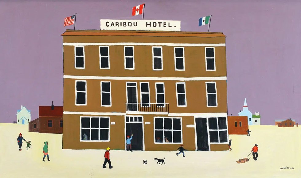 Ted Harrison, “Caribou Hotel,” 1968, acrylic on board, 23.5" x 39" (sold at Hodgins for $15,600)