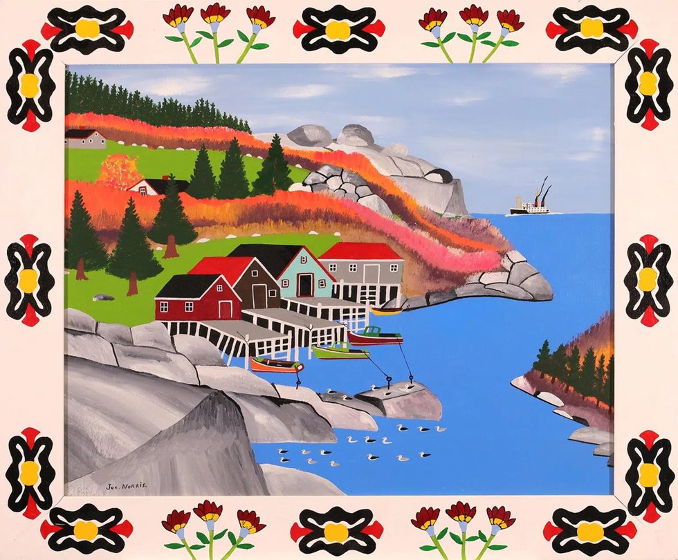 Joe Norris, “The Happy Cove,” no date, enamel on canvas with decorated frame, 24" x 30" (sold at Hodgins for $10,000)