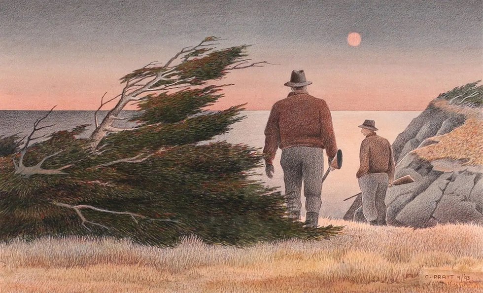 Christopher Pratt, “Two Hunters, My Father and Tom Phippard Hunting Sea Ducks,”  1993, mixed media on paper, 7.25" x 12.25" (sold at Hodgins for $11,400)