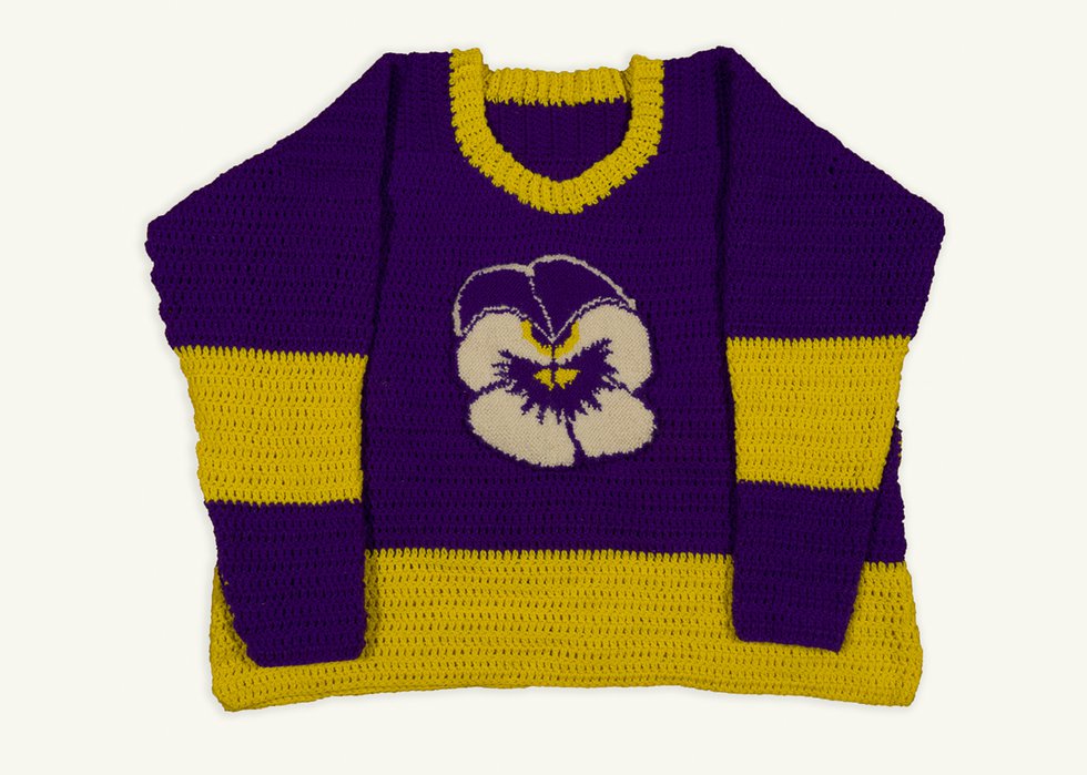 Lucas Morneau, “Pasadena Pansies,” 2021, wool yarn, burlap, crochet and rughooking, 64" x 44" (courtesy of Saskatchewan Craft Council Gallery)