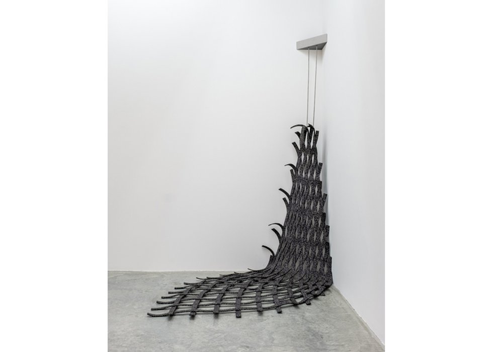 Svea Ferguson, “Weightlifter,” 2024, rubber flooring, steel, aluminum, 132" x 72" x 96" (photo courtesy of VivianeArt)