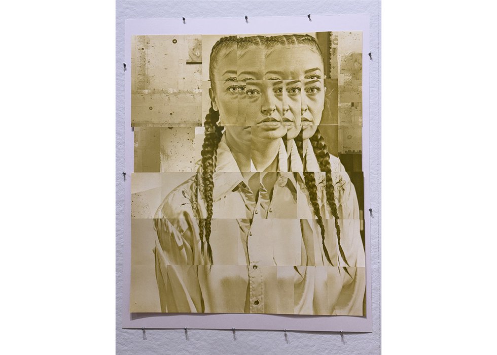 Wally Dion, untitled, 2024, photopolymer gravure on Hahnemühle, Natural White, 300gsm, collaged with archival backing tape, 43" x 36", ed. 1/1 (photo by Nasibeh Nasibi)