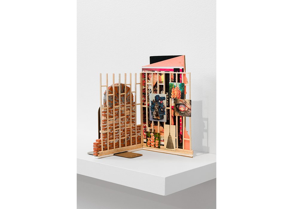 Alex Turgeon, “Open-Faced Closet (Renoviction),” 2024, balsa wood, paper, xerox print, cardboard, plaster, acrylic paint, model bricks, bookend (photo by Blaine Campbell)