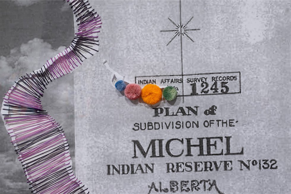 Michelle Sound, “Michel Band,” detail, 2024, monochrome print on paper, embroidery thread, seed beads, caribou hair tufting, porcupine quills, rick rack, mink pom poms, bugle beads (courtesy of the artist and CEREMONIAL / ART, photo by NK Photo)