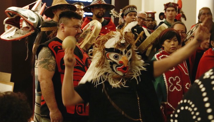 Beau Dick, "Atlakima Grouse Mask," being danced at the exhibition opening