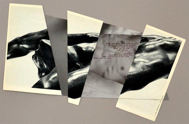 Shan Kelley, "Copula", 2014, mixed media (text typed onto found photo, black-and-white plate of Auguste Rodin’s L'Enfant Prodige / Prodigal Son), 24” x 36”