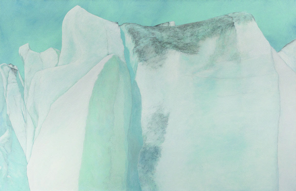 Leslie Reid, "Llewellyn II 59°04’N; 134°05’W", 2014,  oil and graphite on canvas, 32” x 50”