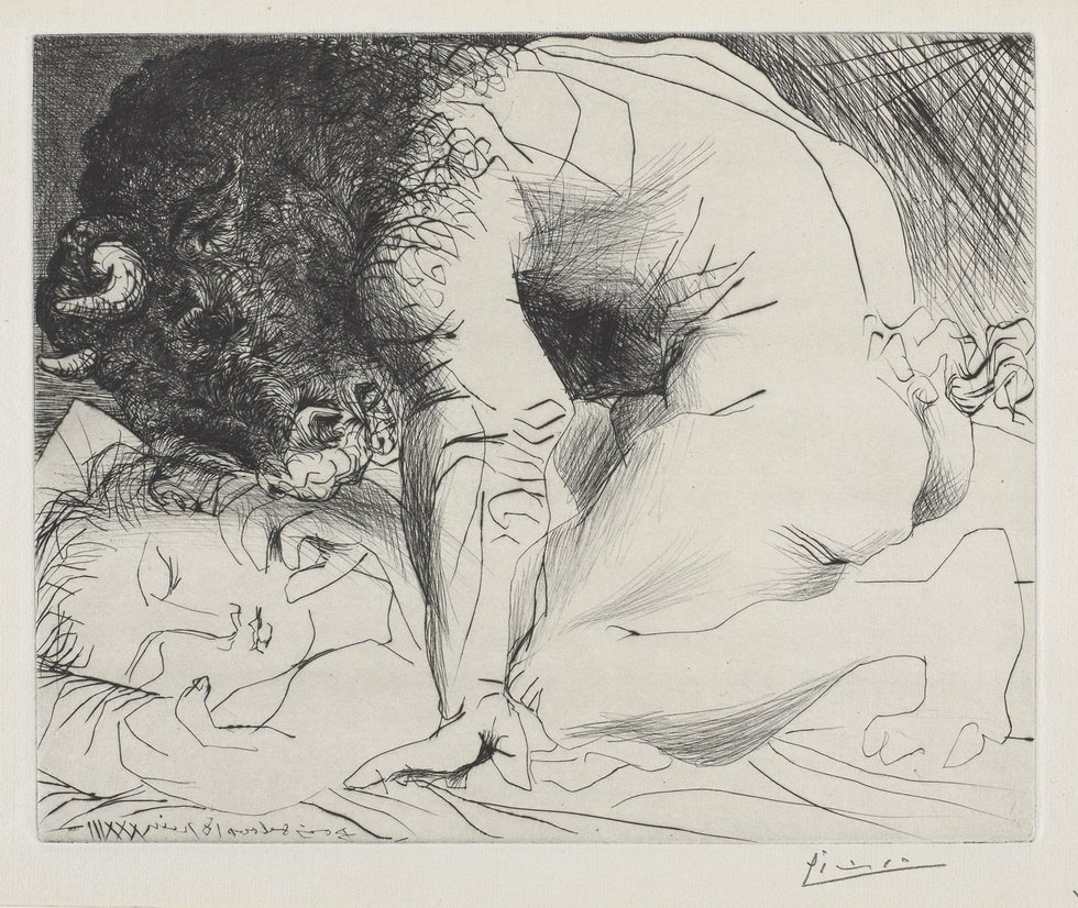 Pablo Picasso, "Minotaur Kneeling over Sleeping Girl," 18 June 1933