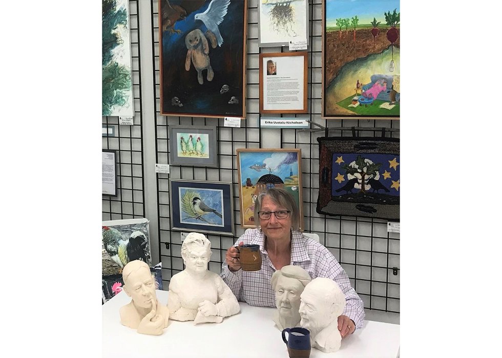 Arlene Bohn having coffee in the Pinawa Gallery in Manitoba.  (photo by Anita Drabyk)