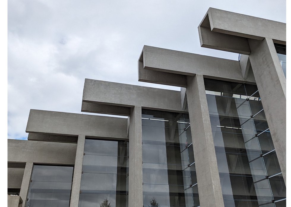 Detailed exterior view of the Great Hall at the Museum of Anthropology at UBC as seismic upgrades near completion. (photo by Brannen Bell)