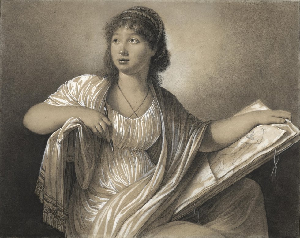 Anne Guéret, “Portrait of an artist with a Portfolio (Self-Portrait),” c. 1793, black chalk, pen and grey ink and wash, heightened with white gouache on paper, 12.5" × 16" (Katrin Bellinger Collection, courtesy of the Art Gallery of Ontario)
