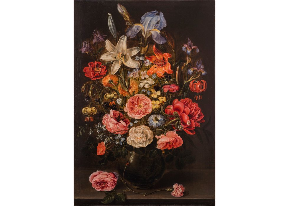 Clara Peeters, “A Still Life of Lilies, Roses, Iris, Pansies, Columbine, Love-in-a-Mist, Larkspur and Other Flowers in a Glass Vase on a Table Top, Flanked by a Rose and a Carnation,” c.1610 (courtesy of Art Gallery of Ontario)