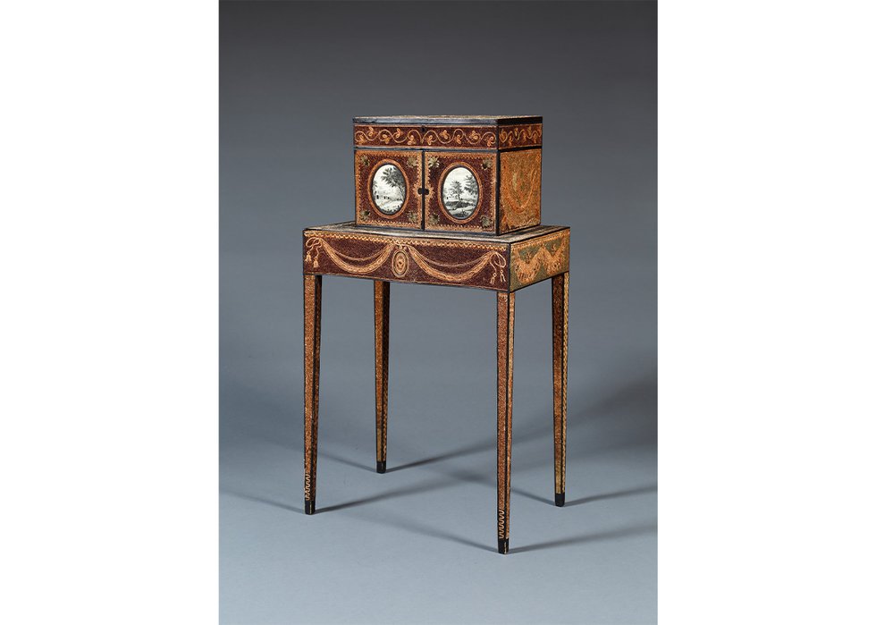 Sophia Jane Maria Bonnell and Mary Anne Harvey Bonnell, “Paper Filigree Cabinet on Stand with Hairwork and Watercolor Panels,” c.1789, wood, paper, metallic paper, silk, hair, and adhesive (courtesy of the Art Gallery of Ontario)