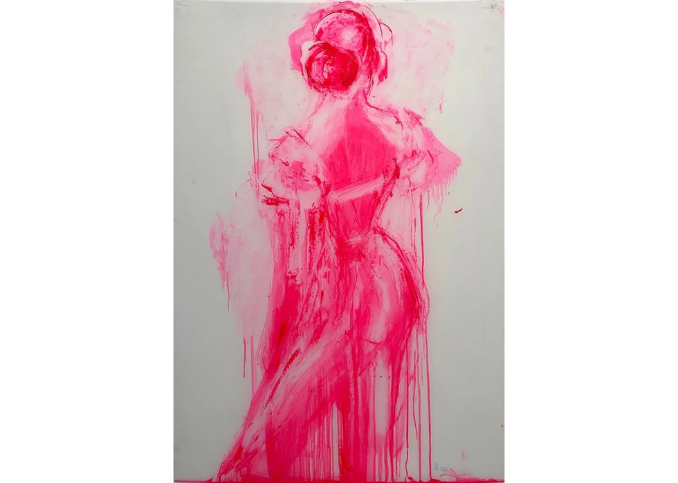 Angela Grossmann, “Cherry Pink Dancer,” 2023, oil on Mylar, 40" x 27 3/4"