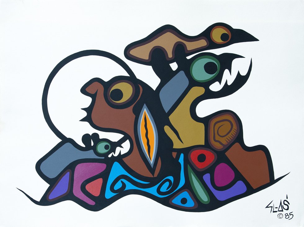 Sam Ash, “Go With My Friend Grizzly and Cub,” 1985, acrylic on canvas paper (courtesy of Thunder Bay Art Gallery)