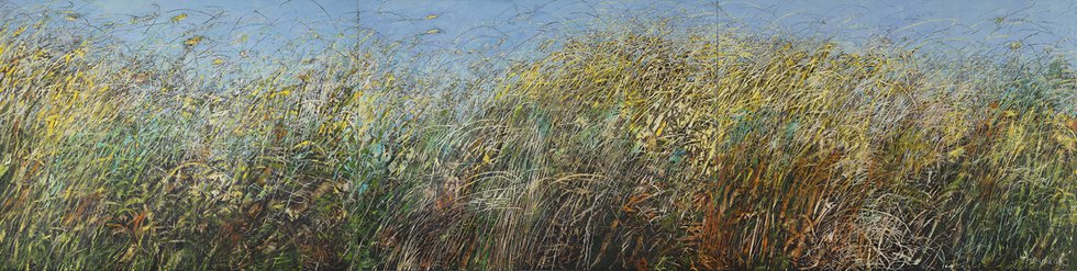 Teresa Posyniak, “Grasslands Tapestry,” 2024, oil and cold wax, 6' x 24' (photo by John Dean)