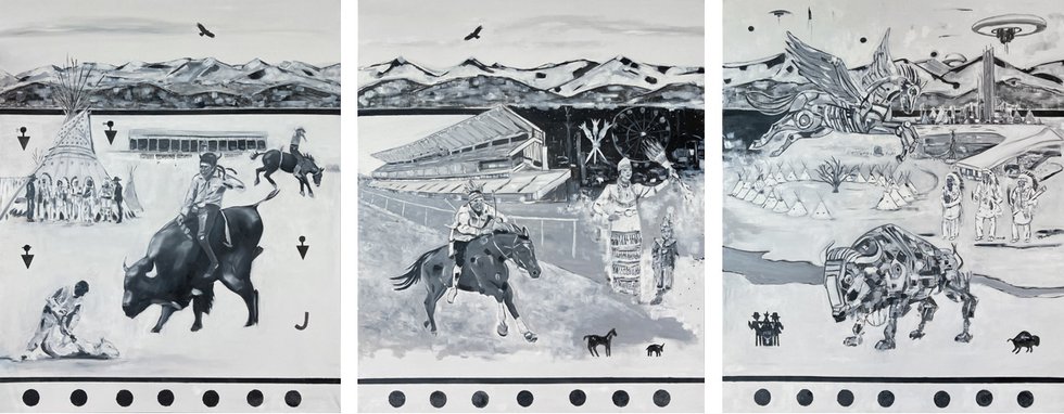 Adrian Stimson, “Stampede Past, Present, Future” 2024, oil on canvas, triptych: each 72" x 60" (courtesy of Calgary Stampede)