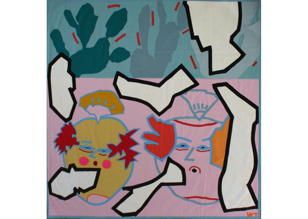 Wendy Toogood, “Coconut Masks &amp; Milagros,” 1993, fabric, 58.5" x 60" (courtesy of Wallace Galleries)