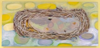 Susan Loudon, “Big Nest with Veil,” 2001, canvas on stretcher with linen drape, 79" x 37"