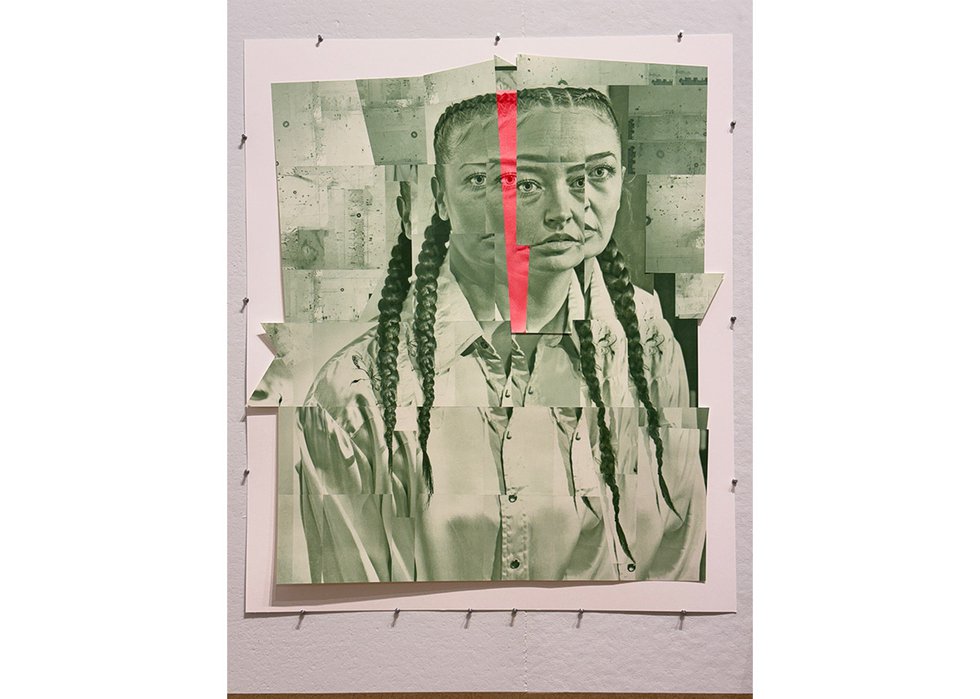 Wally Dion, untitled, 2024, photopolymer gravure on Hahnemühle, Natural White, 300gsm, collaged with archival backing tape, 43" x 39", ed. 1/1 (photo by Nasibeh Nasibi)