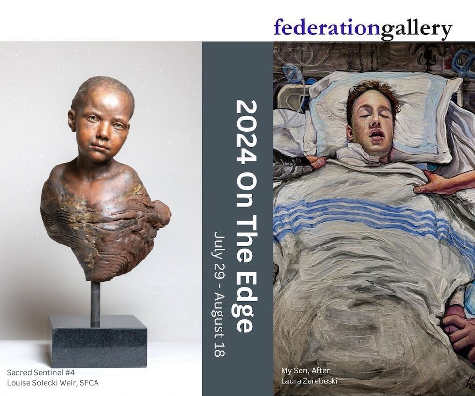 Left: Louise Solecki Weir, “Sacred Sentinel #4,” no date; Right: Laura Zerebeski, “My Son, After,” no date