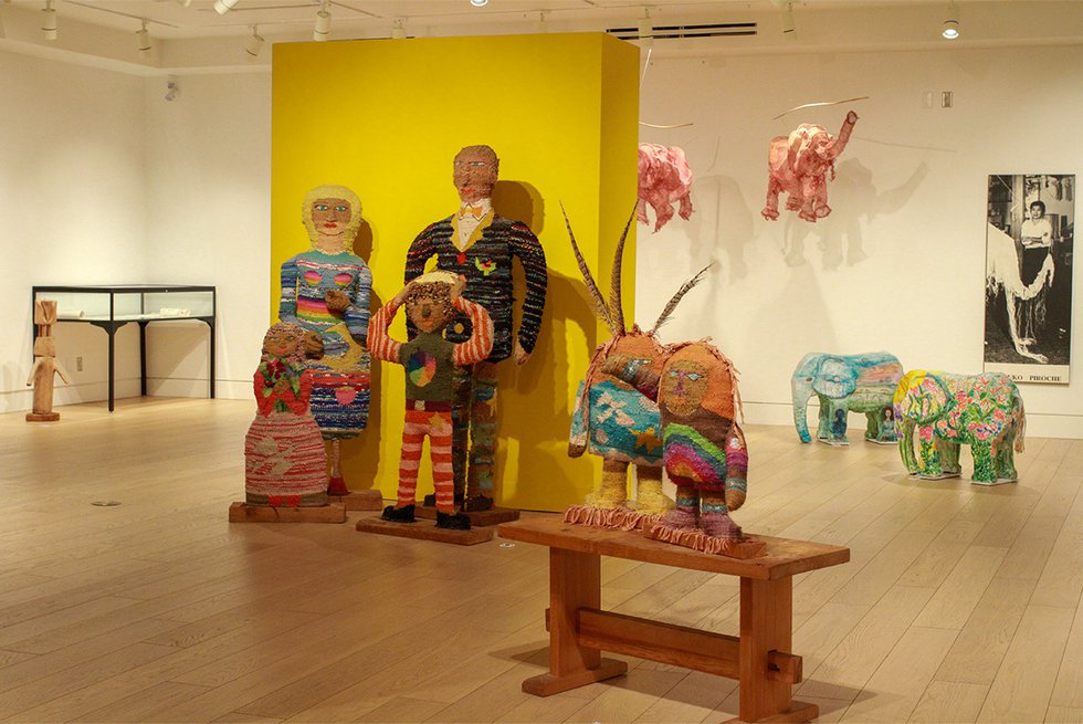 Installation view of WOVEN: Setsuku Piroche; all art by Piroche except sculpture, far left, by Bikky Sunazawa (photo by Wakana Shimamura)