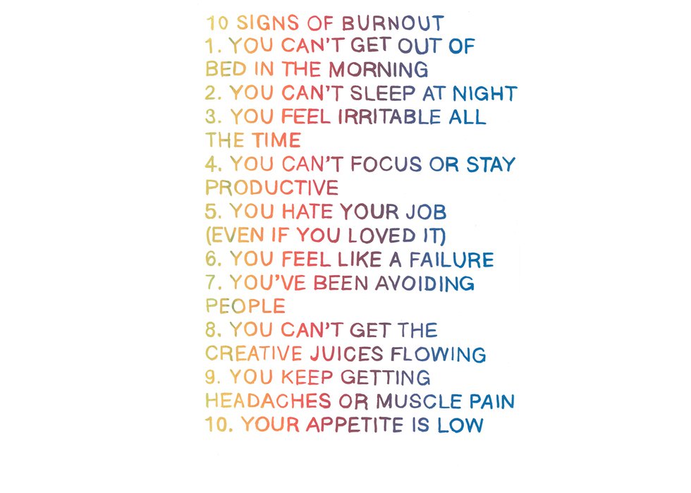 Camille-Zoé Valcourt-Synnott, “10 SIGNS OF BURNOUT,” 2023, screenprint on paper (courtesy of the artist)