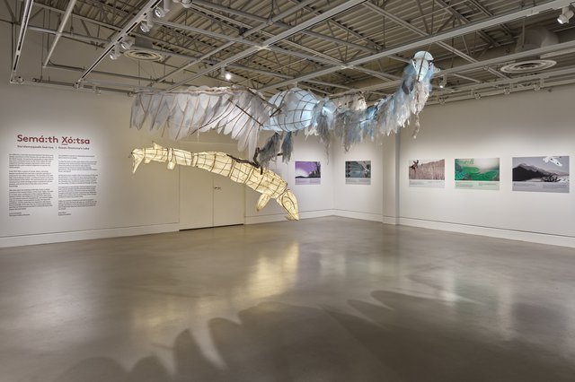 Installation view of Semá:th X̱ó:tsa, exhibition at the Art Gallery at Evergreen,, Evergreen Cultural Centre, 2022. (photo by Rachel Topham Photography)