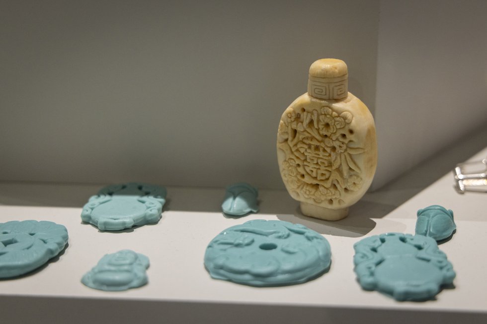 Karen Tam, “Soap Snuff Bottle,” 2012, carved Ivory-brand soap, and Karen Tam, “Jade Soap,” 2011, glycerin, pigment