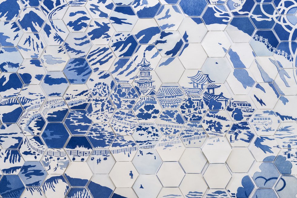 Karen Tam, “From Yiwu to You,” detail, 2015-2024, cyanotype on archival 100 per cent natural fibre paper (photo by Guy L'Heureux, courtesy of the artist and Galerie Hugues Charbonneau)