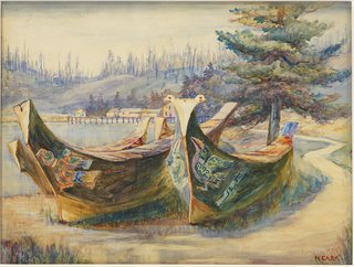 Emily Carr, “War Canoes, Alert Bay,” c. 1908, watercolour on paper (courtesy of Audain Art Museum Collection)