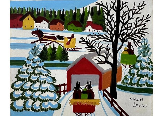 Maud Lewis, “Covered Bridge with Three Sleighs,” circa 1965, oil on board, 11.5" x 13.75" (courtesy of Loch Gallery, Toronto)