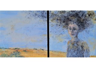 Marlena Wyman, “Mosquitoes continue to be awful,” 2024, oil and encaustic on Mylar and birch panel, 12" x 24.5" diptych (courtesy of Marlena Wyman)