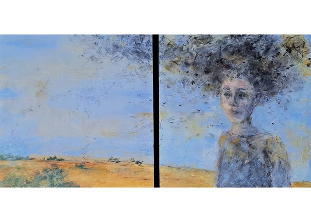 Marlena Wyman, “Mosquitoes continue to be awful,” 2024, oil and encaustic on Mylar and birch panel, 12" x 24.5" diptych (courtesy of Marlena Wyman)