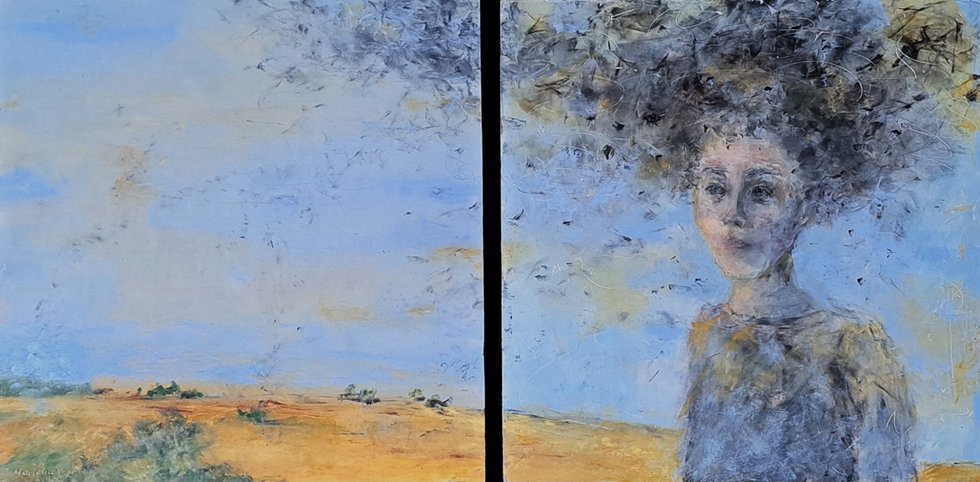 Marlena Wyman, “Mosquitoes continue to be awful,” 2024, oil and encaustic on Mylar and birch panel, 12" x 24.5" diptych (courtesy of Marlena Wyman)