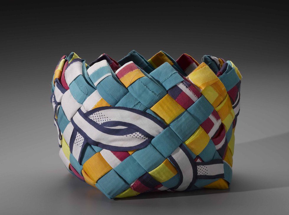 Ed Rossbach, “Rag Basket,” 1972, obliquely plaited commercial fabric and corrugated paper with applied silkscreened cotton plain weave, 8.5" x 11.3" x 11"(courtesy of Museum of Fine Arts, Boston, The Daphne Farago Collection)