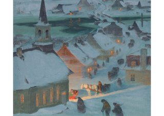 Clarence Alphonse Gagnon, “Christmas Mass,” 1928-1933, pastel and/or coloured pencil on paper, 3" x 8.6" (courtesy of McMichael Canadian Art Collection)