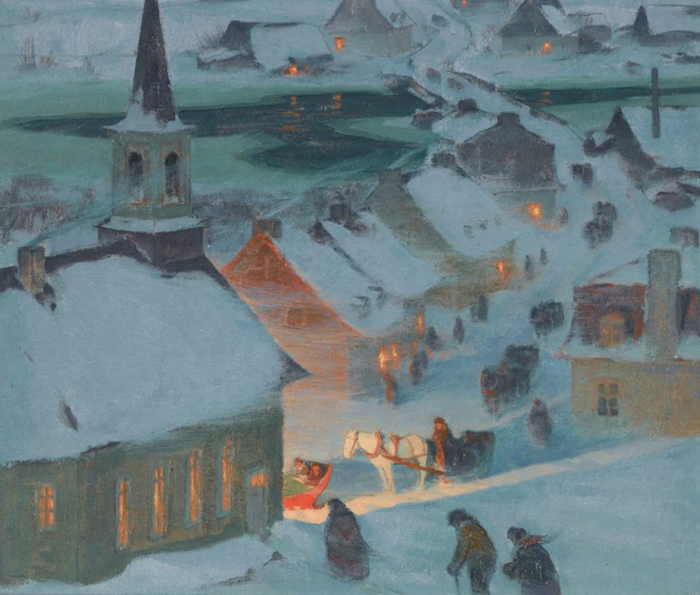 Clarence Alphonse Gagnon, “Christmas Mass,” 1928-1933, pastel and/or coloured pencil on paper, 3" x 8.6" (courtesy of McMichael Canadian Art Collection)