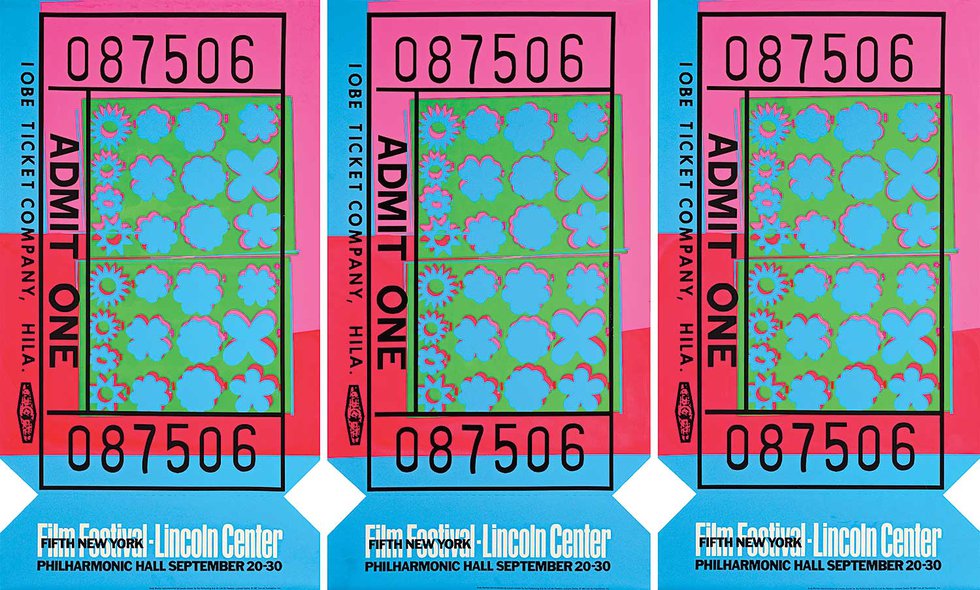 Andy Warhol, “Lincoln Center Ticket,” #90, #91 and #93/200, 1967, colour silkscreens on opaque acrylic sheets, 45" x 72.75" (sold at Levis Fine Art Auctions for $38,025)