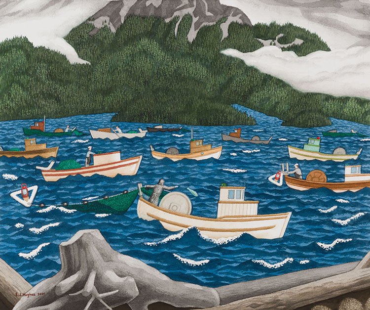 E.J. Hughes, “Fishboats at Rivers Inlet,” 2001, watercolour on paper, 20” x 24” (sold at Heffel Fine Art for $205,250)