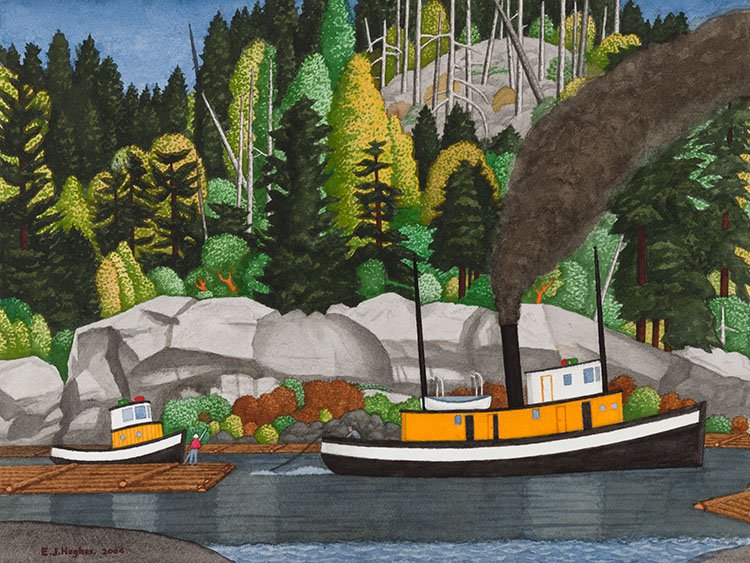 E.J. Hughes, “Tugboats at Ladysmith Harbour,” 2004, watercolour on paper, 18” x 24” (sold at Heffel Fine Art for $253,250)