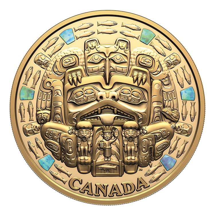 James (Jim) Hart, “The Dance Screen, (The Scream Too)” no date, 99.99% pure Canadian gold coin with responsibly sourced New Zealand abalone inlays, (sold at Heffel Fine Art for $1,561,250)