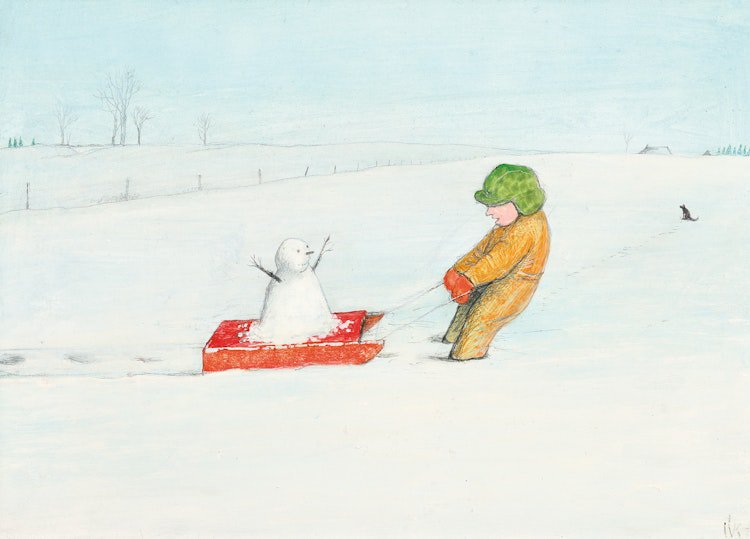 William Kurelek, “A Little Girl and Her Snowman,” 1973, mixed media on board, 9.5" x 13" (sold by Cowley Abbott for $216,000)