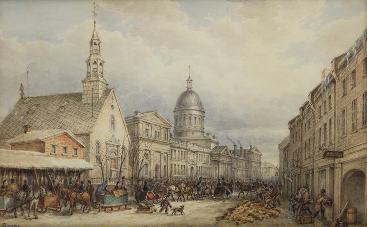 James Duncan, “Bonsecours Market, St. Paul Street,” 1852, watercolour over graphite on paper, 15.5" x 24" (sold by Cowley Abbott for $66,000)