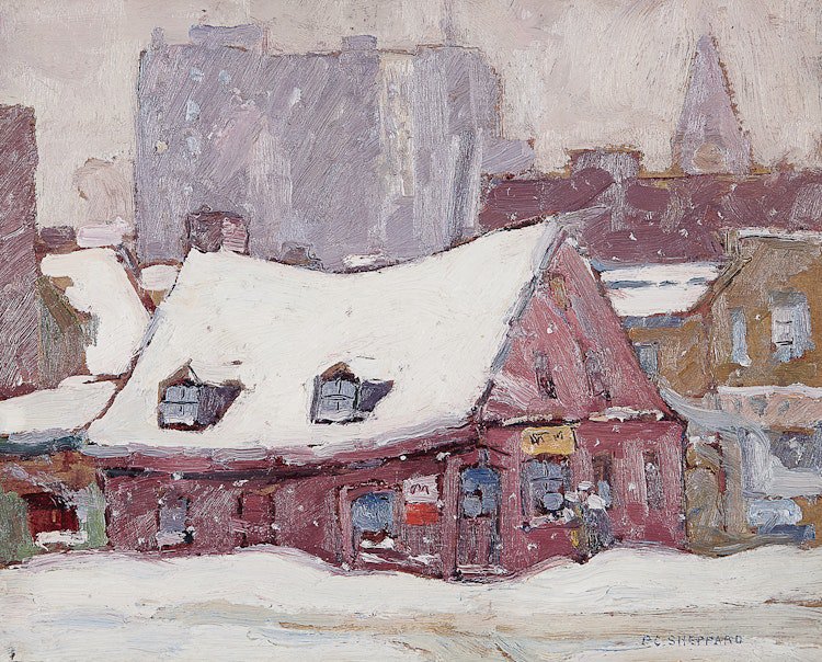 P.C. Sheppard, “Old House, Winter (The Ward, Toronto)” 1920-21, oil on board, 8.5” x 10.5” (sold by Cowley Abbott for $40,800)