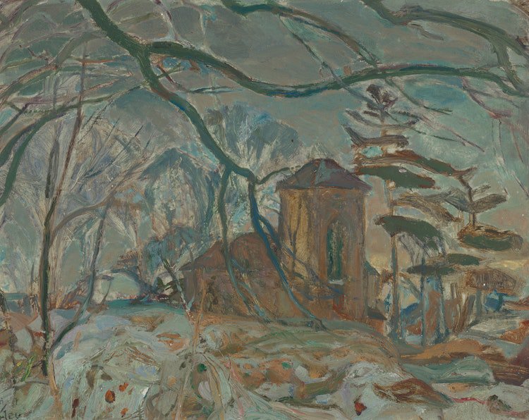 Fred Varley, “Winter Afternoon, Doon,” no date, oil on board, 11.75" x 15" (sold by Cowley Abbott for $14,400)